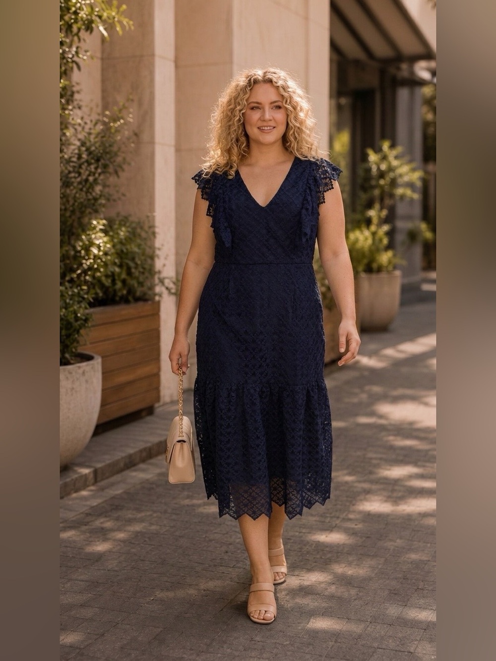 ANTONIO MELANI Navy Lace V-Neck Midi Dress with Flutter Sleeves